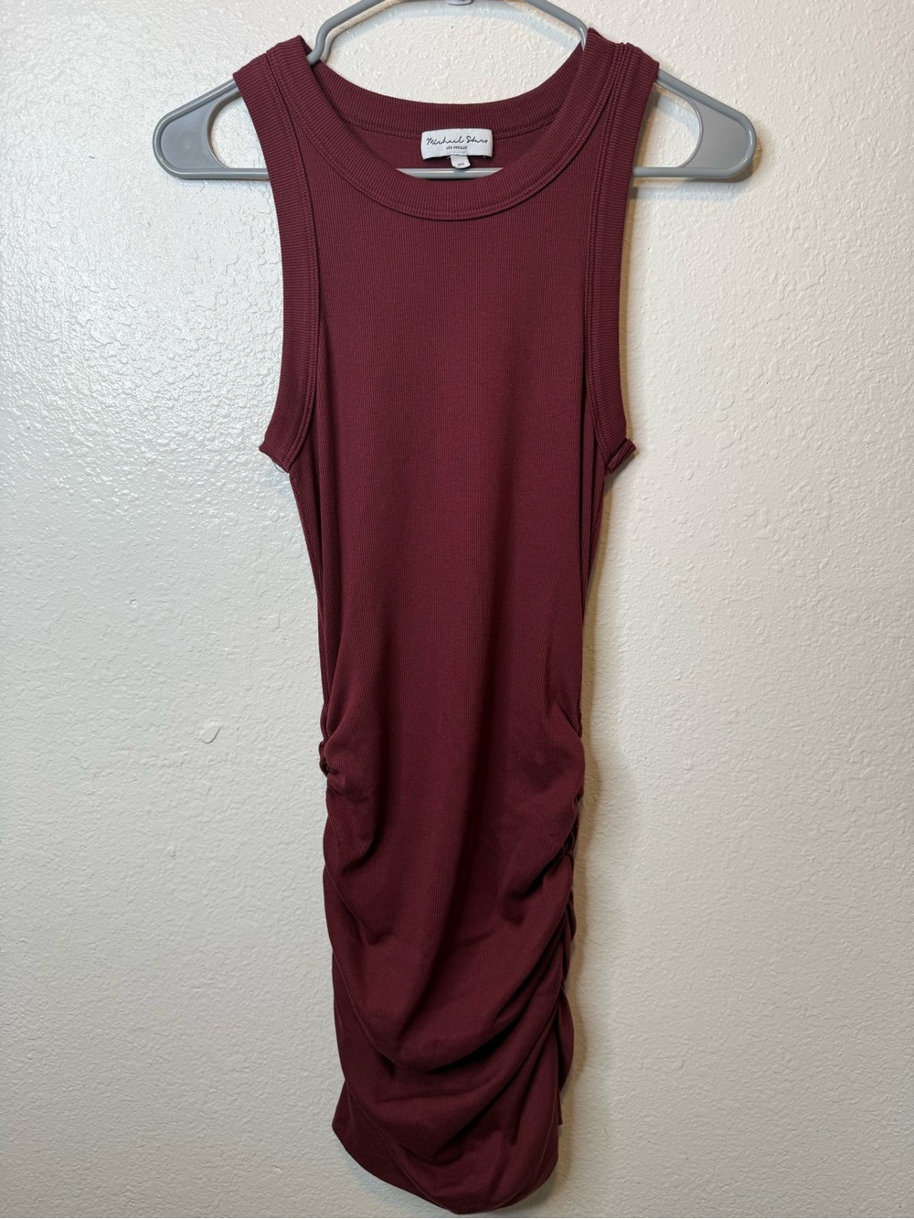 Michael Stars Maroon Body Con Sleeveless Ribbed Dress with Side Ruching Size XS